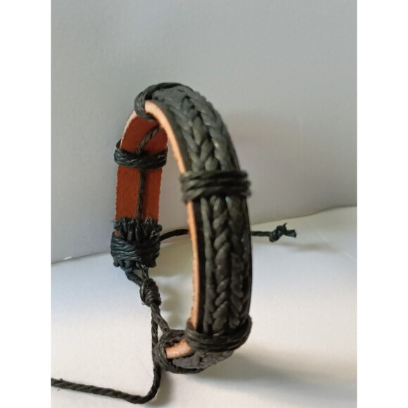 Leather Bracelet Brown Woven Adjustable Unisex - Picture 1 of 4